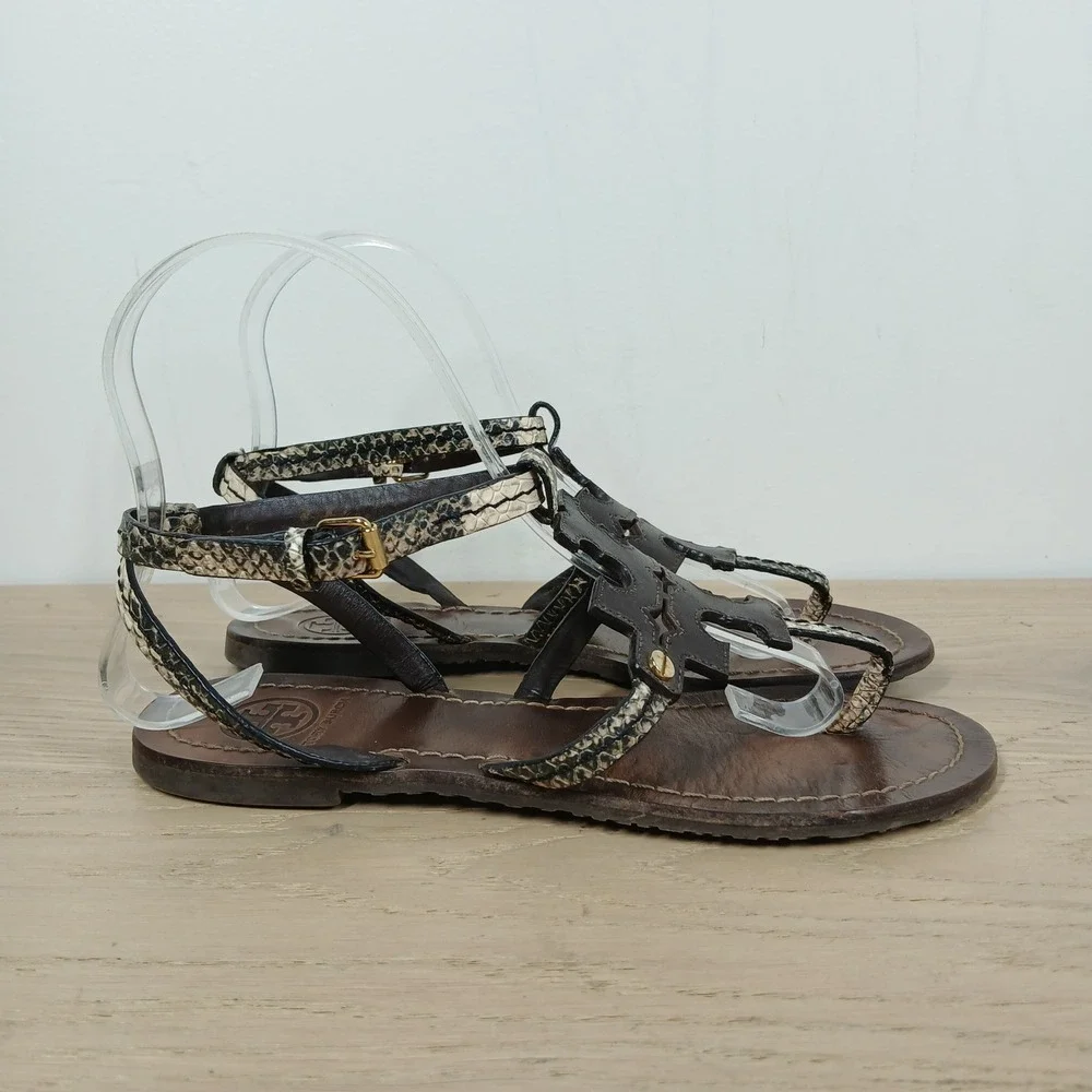 Tory Burch Miller Gladiator Sandals Womens 5.5M Brown Leather Snakeskin Thong